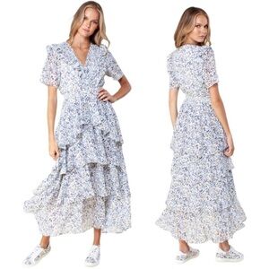 HALE BOB ELSIE CHIFFON TIERED FLUTTER SHORT SLEEVE FLORAL PRINT MAXI DRESS NEW